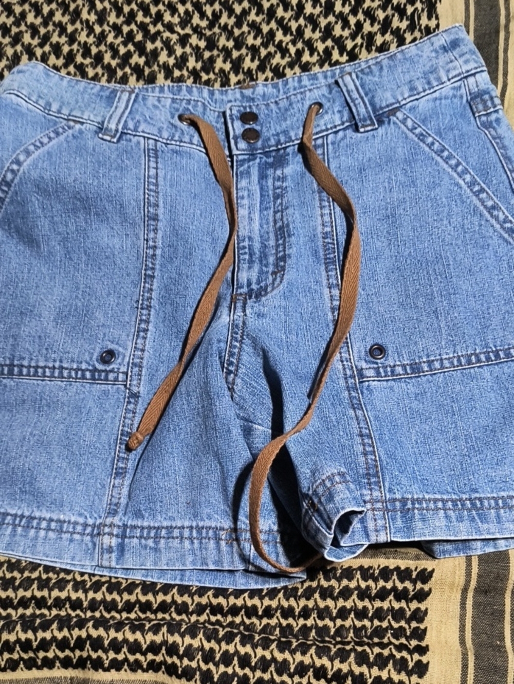 Light Blue Denim Utility Jean Shorts with Brown Drawstring